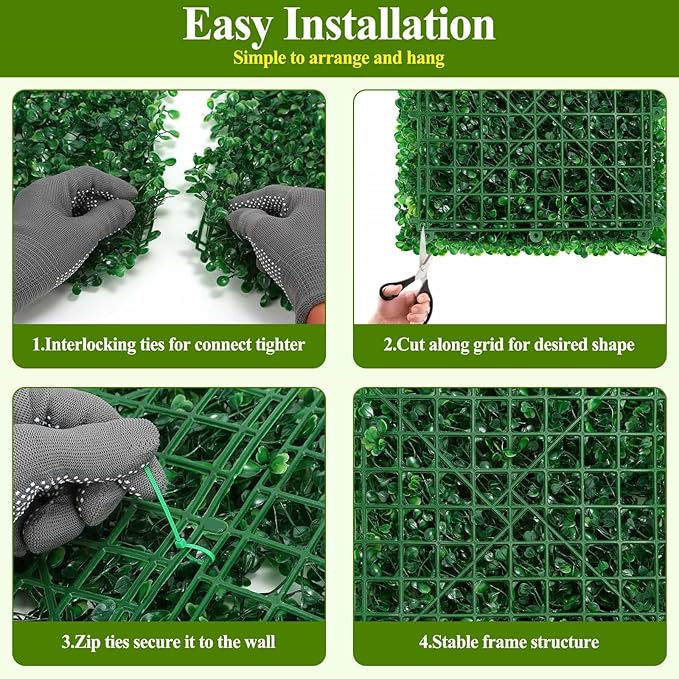 16 Pcs 10" X 10" Artificial Grass Wall Panels, UV-Resistant Fake Boxwood Panels