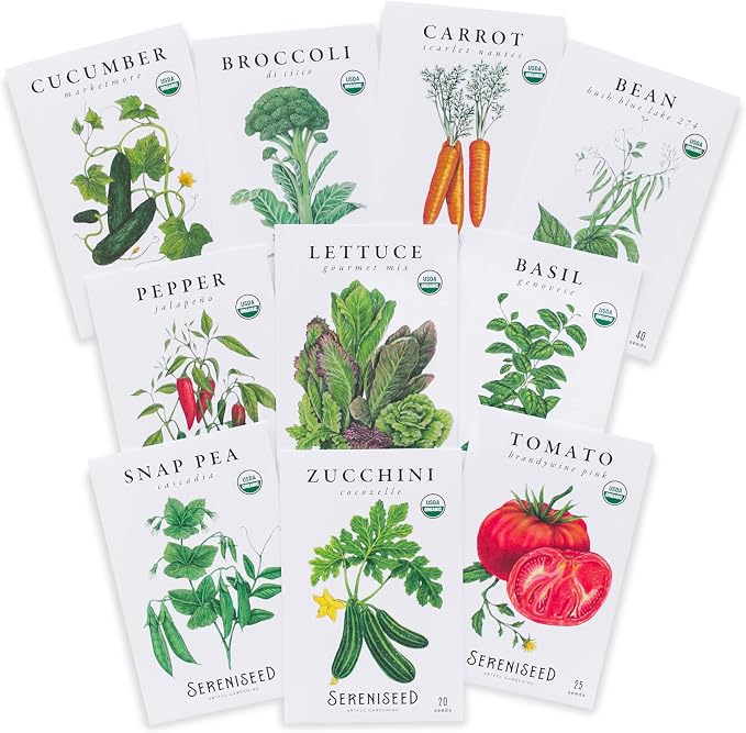 Sereniseed Certified Organic Vegetable Seeds (10-Pack) â Non GMO, Open Pollinated - Basil, Snap Pea, Broccoli, Bean, Jalapeno, Tomato, Lettuce, Cucumber, Carrot, Zucchini Seeds for Planting