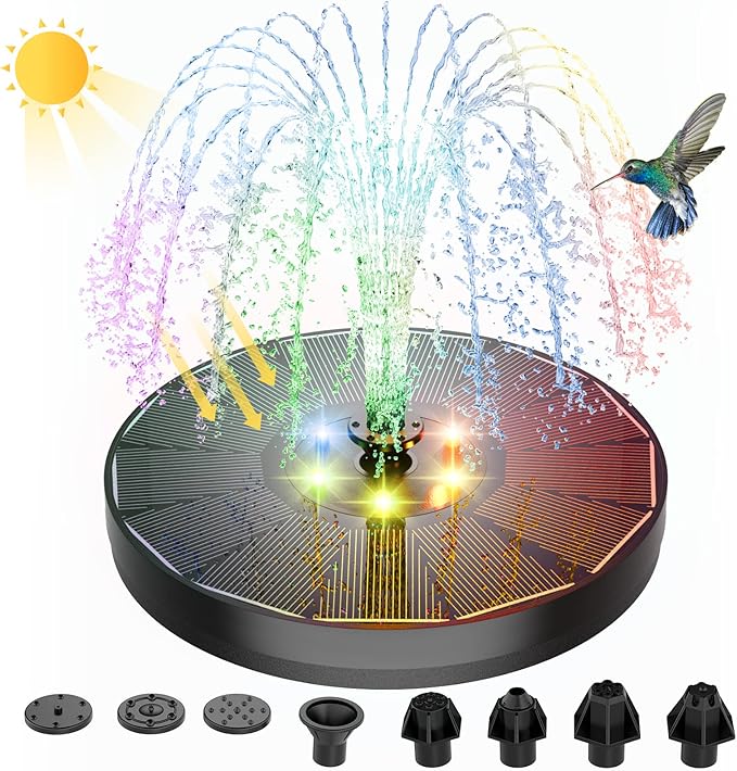 ALUKIKI Solar Powered Fountain 4W Bird Bath Fountains Pump Upgraded Glass Panel Fountains with Color LED Lights 7 Nozzles & 4 Fixers for Garden Small Pond Outdoor Swimming Pool Fish Tank