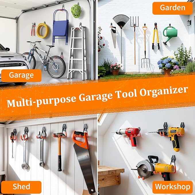 Housolution Steel Garage Hooks - 30Pack Anti-Slip Coating, Heavy Duty Wall Mount Hooks for Bikes, Garden Tools, Ladders, Hose, Bulk Items Ropes, Garage Tool Organizer with Extension Cord Wrap, Orange
