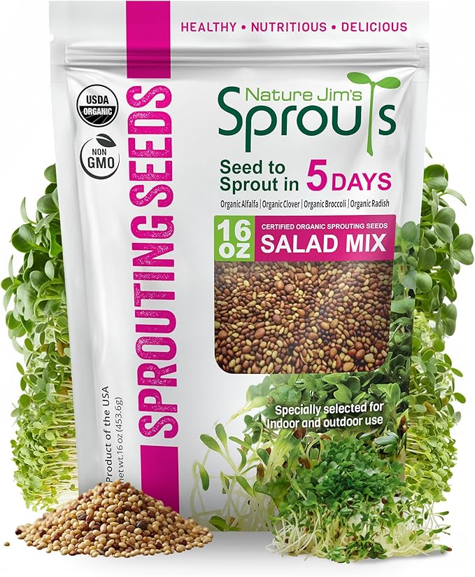 Nature Jimâs Sprouts Organic Salad Mix â Non-GMO Microgreen Seeds, Perfect for Growing Nutritious Organic Broccoli, Alfalfa, Radish & Clover Sprouts â Easy Indoor/Outdoor Home Sprouting Seeds â 1lb