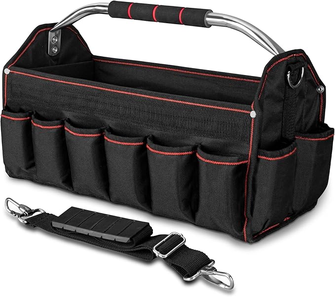HAUTMEC 18" Foldable Tool Tote, Open Top Tool Bag with Removable Divider & Stiff Frame, 23-Pockets Electrician Tool Bag with Padded Steel Handle, Shoulder Strap & Water-Resistant Hard Base â HT0020