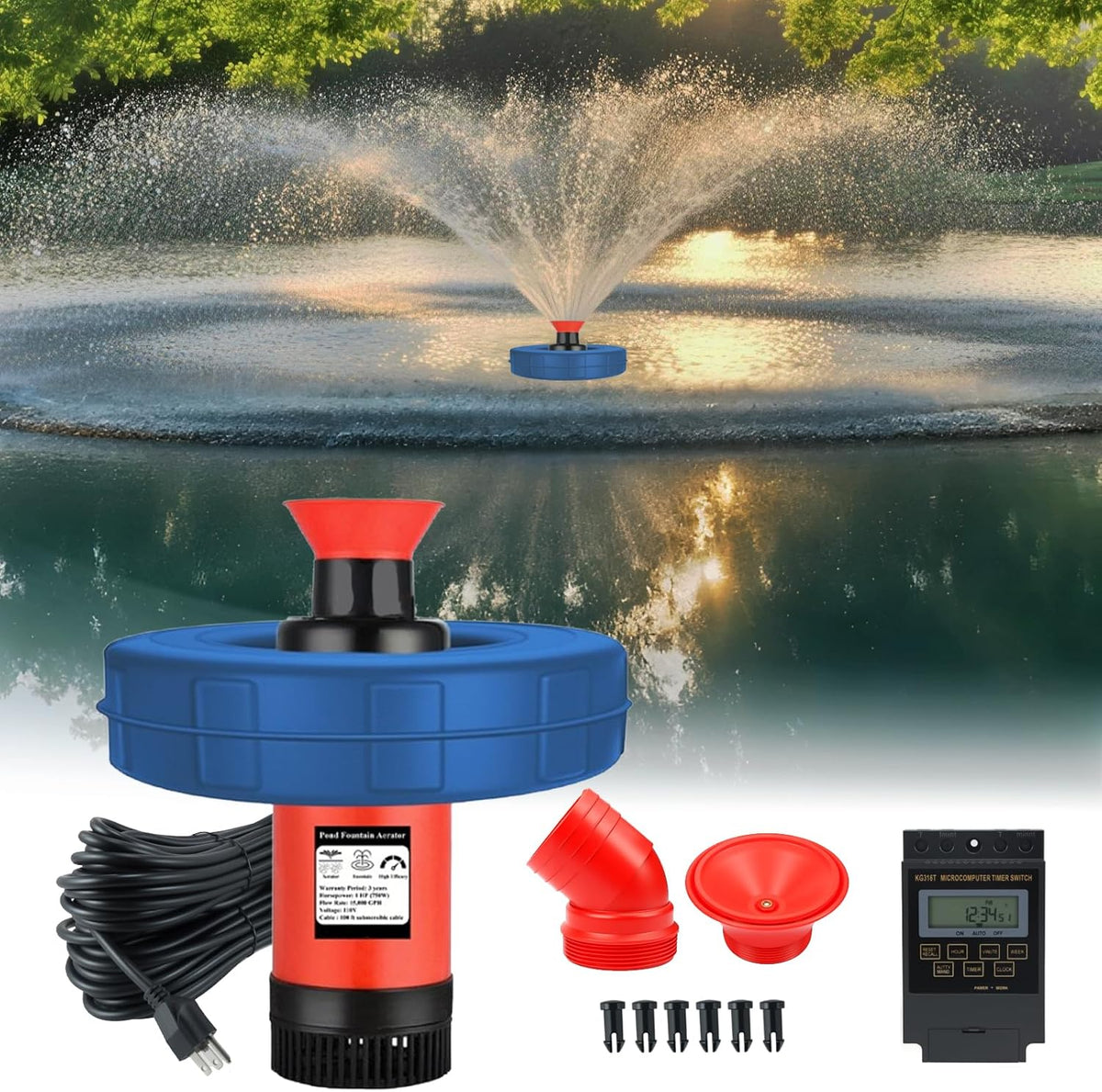 Pond Fountain Aerator 1HP 750W, 110V Floating Fountain with 100FT Power Cord & Digital Timer, 15,000 GPH Water Circulation, 2 Nozzles for Large Ponds, Lakes, Irrigation & Outdoor Water Features