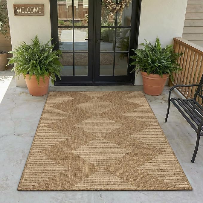MontVoo-3x5 Outdoor Rug Porch Entryway Rug-Polypropylene Indoor Outdoor Rugs for Entryway Kitchen Balcony Patio, Textured Weave, Durable, Fade-Resistant, Non-Shedding, Boho Geometric Neutral Brown