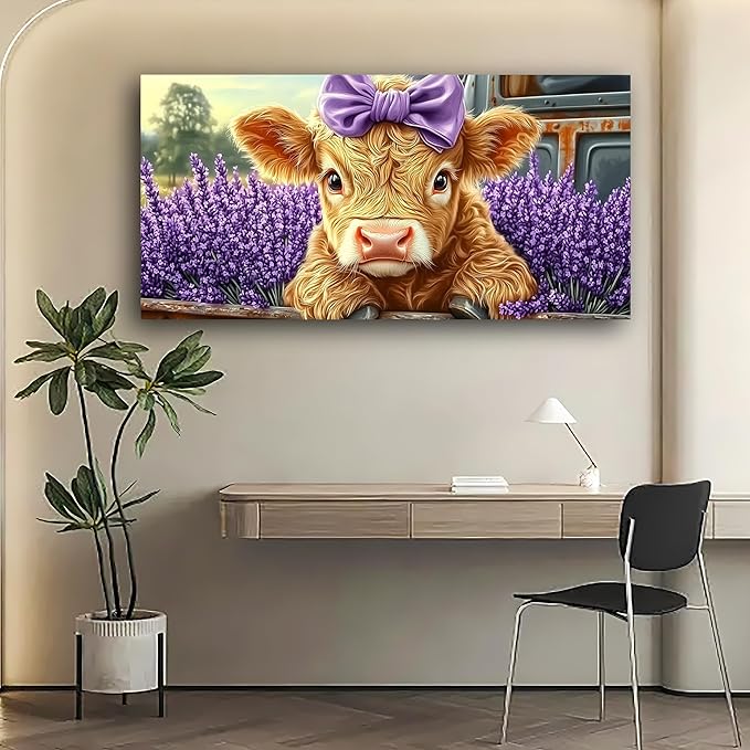 Haichuang Decor Art 40x20 Inch Highland Cow Canvas Wall Art, Cute Cow with Purple Bow & Lavender Field Print, Framed Ready to Hang for Living Room Bedroom Bathroom, Farmhouse Animal Wall Decor
