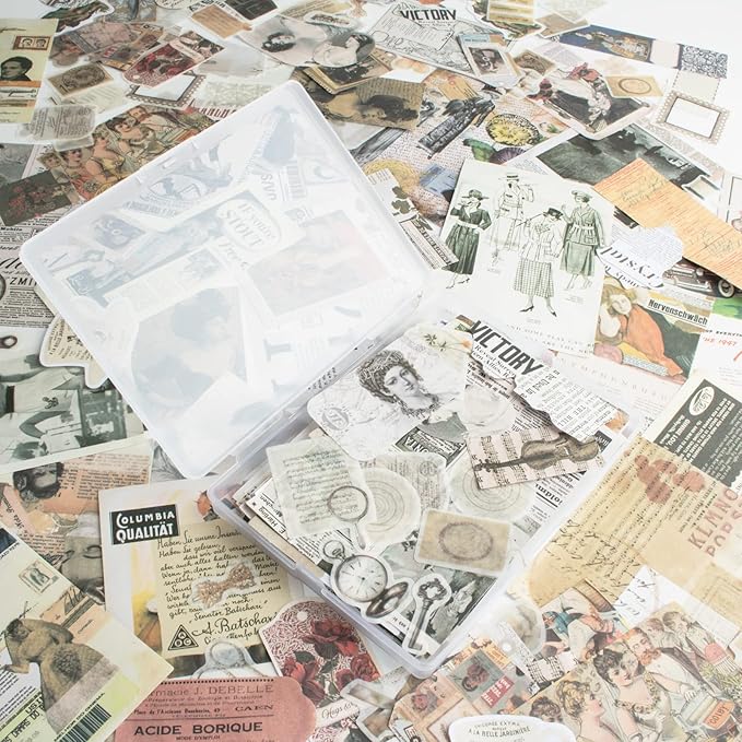 200Pcs Vintage Scrapbook Stickers, Aesthetic Junk Journal Stamping Supplies Kit, Scrapbooking Ephemera Washi Paper for Bullet Journaling Planners Diary Collage