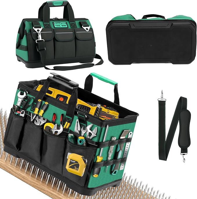 GRENPRO Heavy Duty Tool Bag 18Inch, 18-Pocket Molded Bottom Toolbox Organizer Portable Waterproof, Upgraded Handle Tool Bag for Mechanics, DIY, Valentines Day Gifts for Him Dad Men