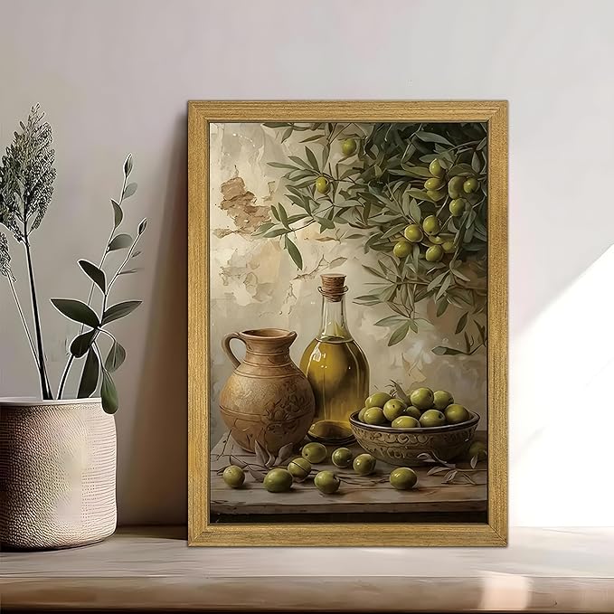 Wood Framed Olive Kitchen Wall Art, Vintage Rustic Still Life Canvas Print