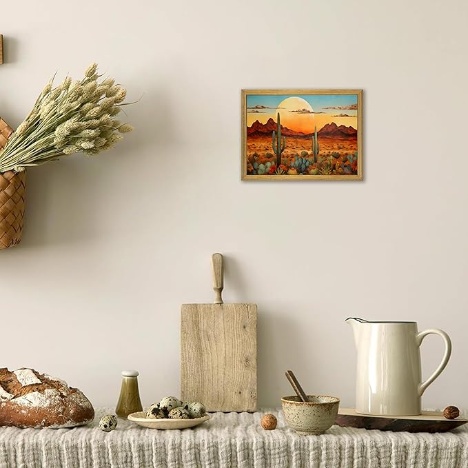 Framed Western Desert Sunset Cactus Wall Art, Vintage Southwest Nature