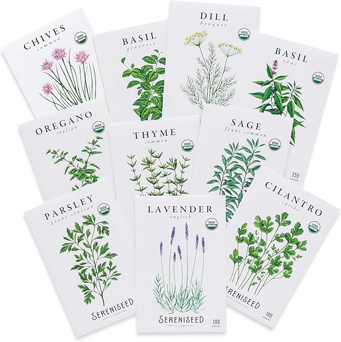 Sereniseed Certified Organic Herb Seeds (10-Pack) â Non GMO, Heirloom â Seed Starting Video - Basil, Cilantro, Oregano, Thyme, Parsley, Lavender, Chives, Sage, Dill Seeds for Indoor & Outdoor Planting