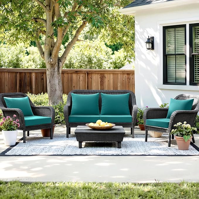 MIULEE Turquoise Outdoor Chair Cushion 22x22 Inch for Patio Furniture Linen Textured Waterproof & 3 Year Color Fastness Seat and Back Couch Cushion with Ties No Slip Design