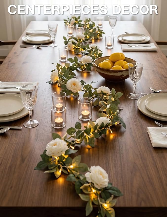 suddus Flower Garland with White Camellia Fairy Lights Indoor, 60 LED Vines