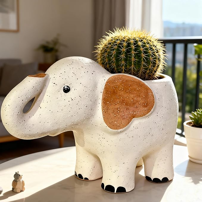 Large 9.1ââ Handmade Ceramic Elephant Planter Flower Pot with Drainage Hole for Succulents, Cactus, Air Plants | Indoor Outdoor Garden Patio Desk Home Decor | Gift for Plant Lovers