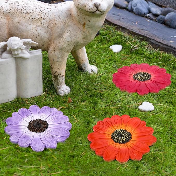 Cinnvoice 3 Pack Garden Stepping Stone Outdoor, Decorative Dimensional Resin Stepping Stones for Patio Pathway Landscaping Walkway Sculpture Yard Backyard Lawn(Daisy,10 Inches)