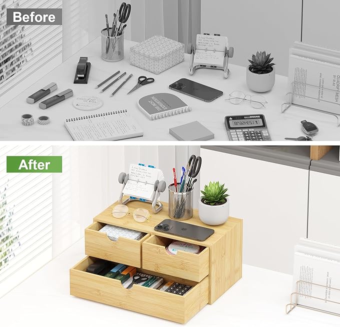 Bamboo Desk Organizer with Drawers - Small Desktop Countertop Mini Tabletop Storage Container - No Assembly Required