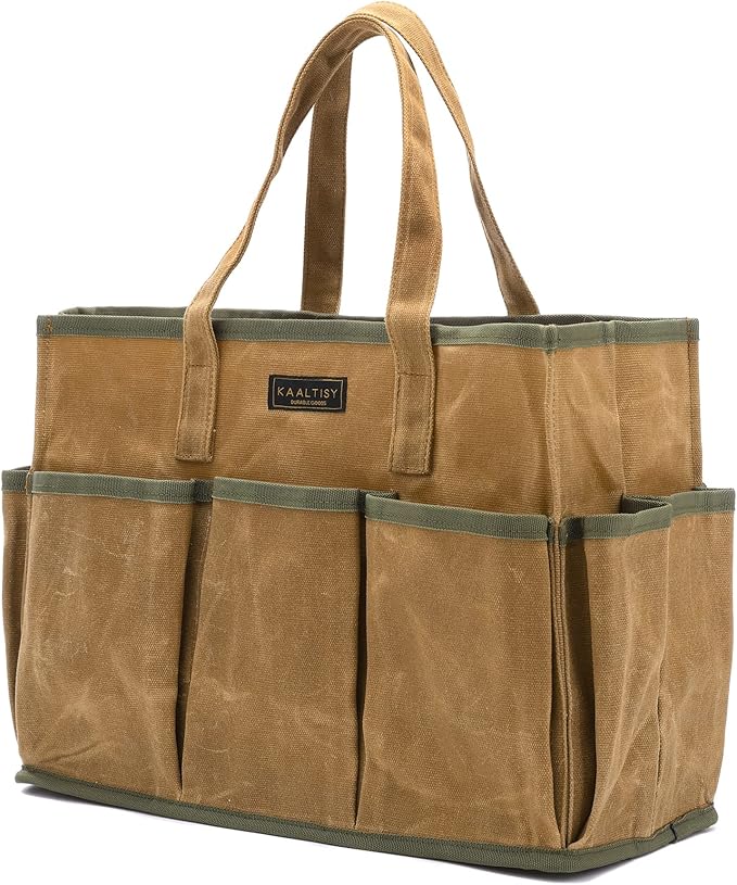 16OZ Waxed Canvas Tool Tote Bag | Large-Capacity Tool Storage Tote with 10 External Pockets | Multi-Purpose Garden Tool Carrier for Gardening, Wrench, and Carpentry Tools â Khaki
