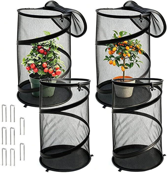 4 Pcs Pop Up Mesh Plant Protectors, 21 x 13 Foldable Garden Cover, Specifically Designed for Outdoor Vegetables, Seedlings & Flowers, Animal Barrier Cloches with Stakes (Black)