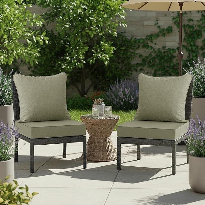 Summsun Water Resistant Outdoor Chair Cushions, Faux Linen Backrest and Deep Seat Cushion Set with Ties, Removable Cover, Non-Slip Bottom for Patio Furniture, 24 x 24 Inch, Mocca Green, Set of 2
