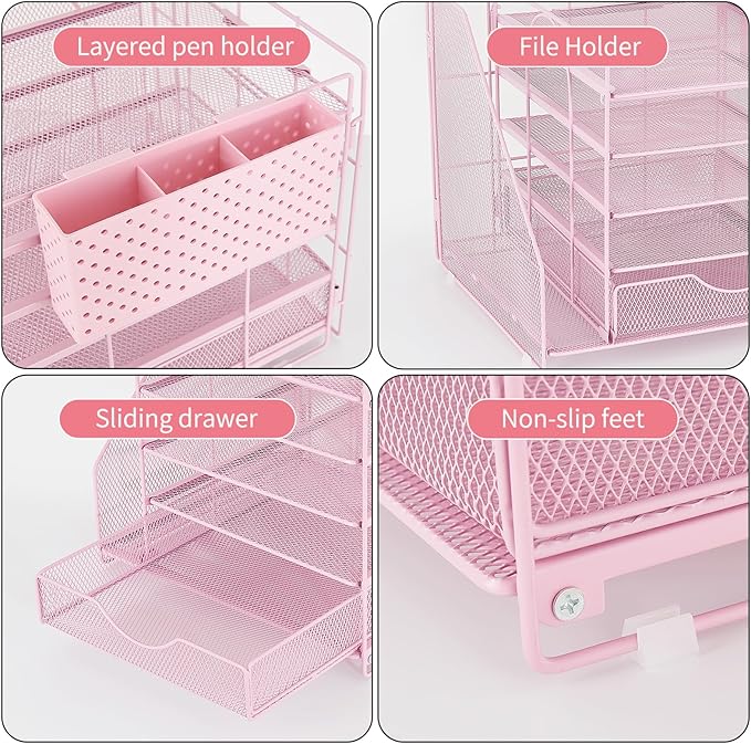 OUTIOE Desk Organizer with Drawer and Pen Holder, 5-Tier Paper Letter Tray Organizer with File Holder, Suitable for Workspace Organizer Office Supplies Storage (Pink)