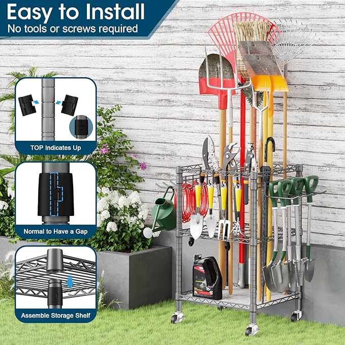 T1 Garden Tool Organizer(with Lockable Wheels) Storage UP to 50 Tools Heavy Duty 7-Tier Over The Toilet Storage(with Basket and Paper Hook) with Adjustable Feet