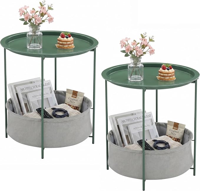 VECELO Round Side/End Table with Fabric Storage Basketï¼Metal Anti-Rust and Waterproof Small Bedside Nightstand with Removable Tray Top for Living Roomï¼Balcony & Laundryï¼Dark Green /2pcs with Basket