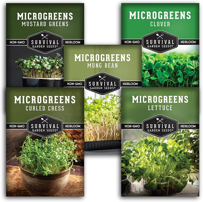 Microgreens Seeds 5-Variety Pack for Sprouting â Mustard, Mung Bean, Curled Cress, Clover & Lettuce Seed for Indoors â Fast-Growing Non-GMO Heirloom Starter Pack â Survival Garden Seeds