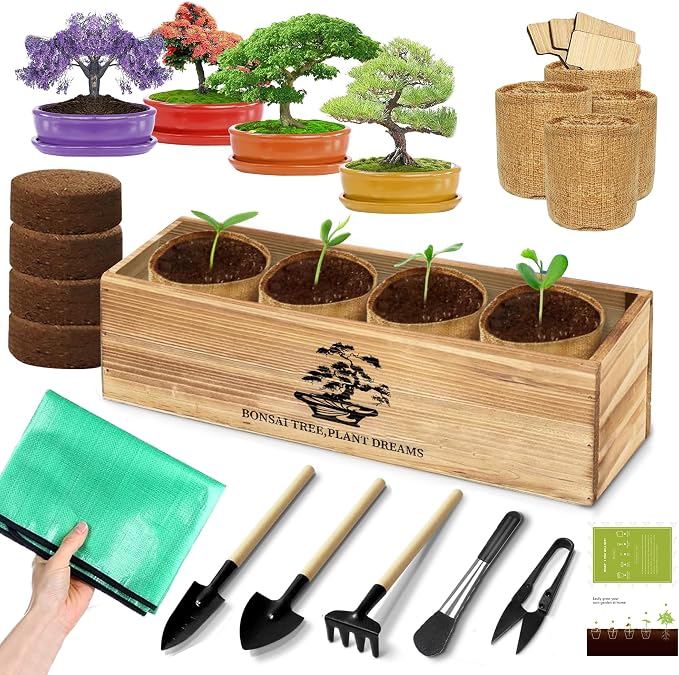 Premium Bonsai Kit,Complete Bonsai Starter Kit with Wooden Gift Box,repotting mat, Burlap Pots & Gardening Tools, DIY Bonsai Plant Set for Adults & Beginners (Seeds Excluded)Birthday Thanksgiving gift