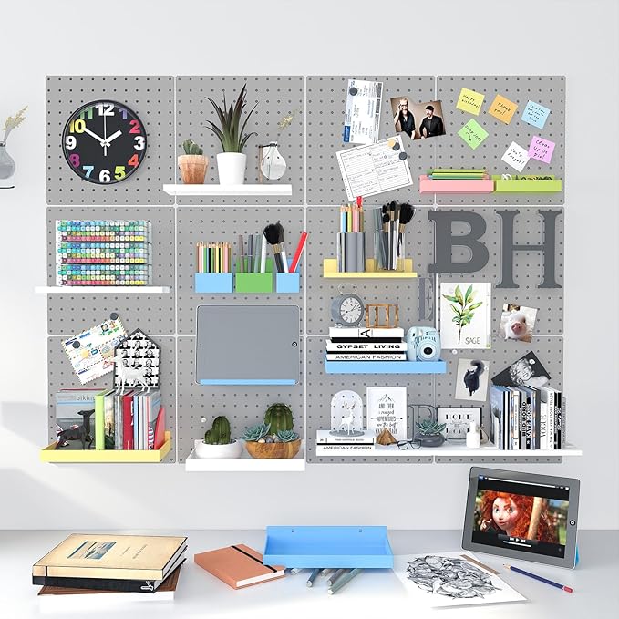 Peg Board, 4 Pack Metal Pegboard Panels Grey Pegboards Wall Organizer