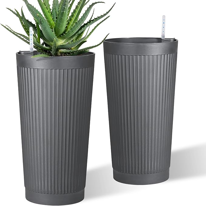 TUYOHW Self-Watering 24in Plastic Round Planter with Vertical Ribbed Design â Indoor Outdoor Flower Pot for Plants, Herbs, and Small Trees, Set of 2