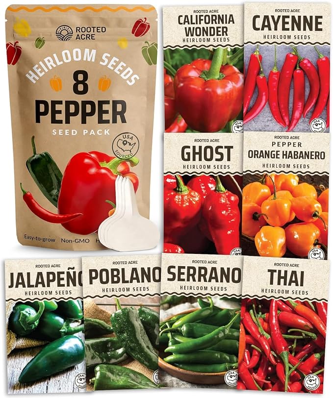 Rooted Acre 8 Varieties Hot Peppers â 240 Heirloom Seeds, High Germination â Includes Ghost Jalapeño, Serrano, California Wonder & More â Spicy Pepper Garden Mix
