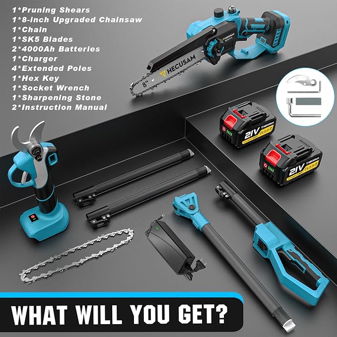 Cordless Electric Pruning Shears: 2-in-1 Pole Pruner with 21V 2×2000mAh Batteries, 14FT Reach, 1.9" Opening Diameter, 1000W Brushless Branch Cutter, SK5 Blade + Extra Blade for Gardening Trimming