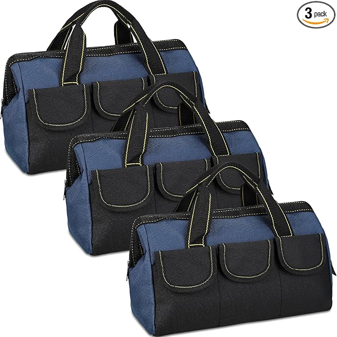 Sanwuta 3 Pack Tool Bag for Men with Waterproof Hard Bottom, Heavy Duty Tool Bag Wide Mouth Tote for Various Instrument, Electrician Carpenter Mechanic(Blue,18 Inch,Classic)