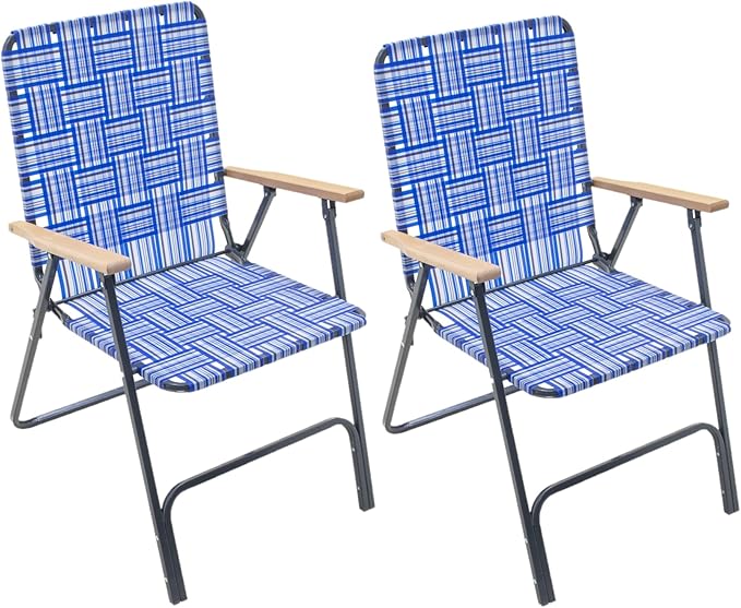 Garden Elements Folding Patio & Lawn Chairs â Steel Frame with Blue Woven Fabric and Wooden Armrests, Comfortable Full-Size Outdoor Chairs for Backyard, Camping, or Events (Pack of 2)