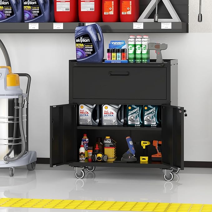 Metal Storage Cabinet with Wheels, Lockable Garage Storage Cabinet with 2 Doors