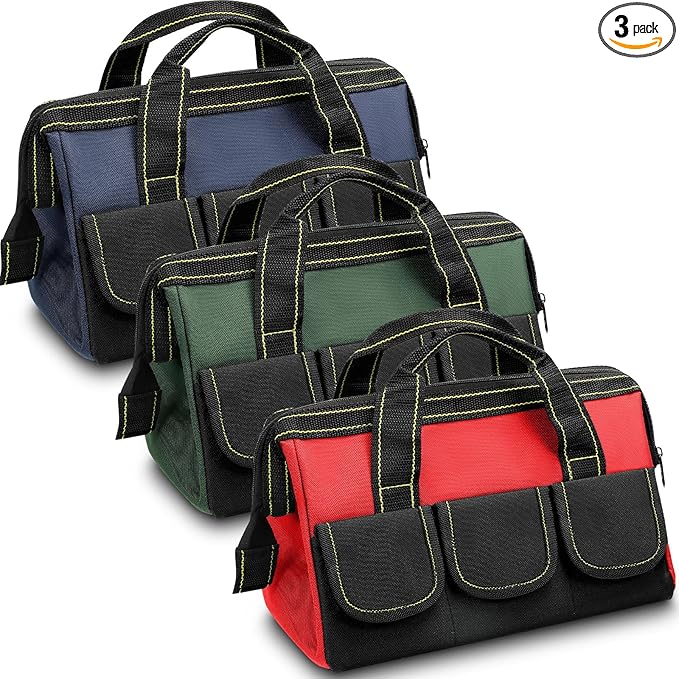 Sanwuta 3 Pack Tool Bag for Men with Waterproof Hard Bottom, Heavy Duty Tool Bag Wide Mouth Tote for Various Instrument, Electrician Carpenter Mechanic(Red, Army Green, Blue,13 Inch,Classic)