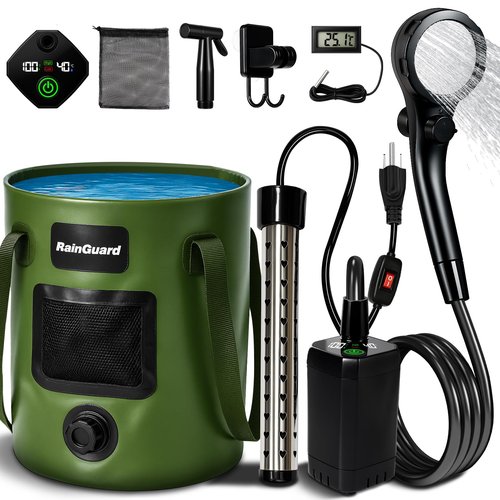Motivekit⢠Portable Camping Shower | 6.6 Gallons Foldable Bucket, 6000mAh Shower Pump, 6' 7" Shower Head, 1500W Immersion Heater, Summer Beach Outdoor Showering Hiking Pet Bath RV Car Wash Water Plant