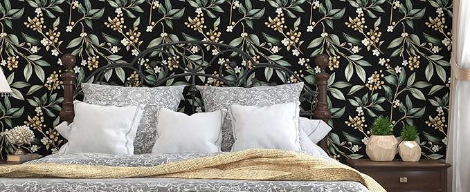 Extra Long Dark Peel and Stick Wallpaper 17.5" x 393" – Vintage Floral Green
