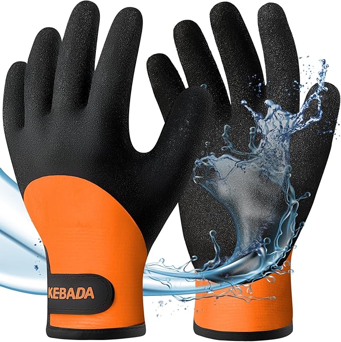 Kebada T2 Waterproof Winter Work Gloves for Men and Women - Thermal Insulated Freezer Gloves for Working in Freezer for Cold Weather, 100% Latex Coating, Wrist Closure, 1 Pair, Orange, Small