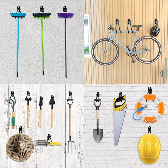 HUPBIPY Heavy Duty Garage Hooks 4 Pack, 7.7 inch U Shaped Long Hanger, with 2 Extension Cord Holder Organizer, Wall Mounted Storage System, for Power and Garden Tool Hanging, Ladders, Bikes, Hose