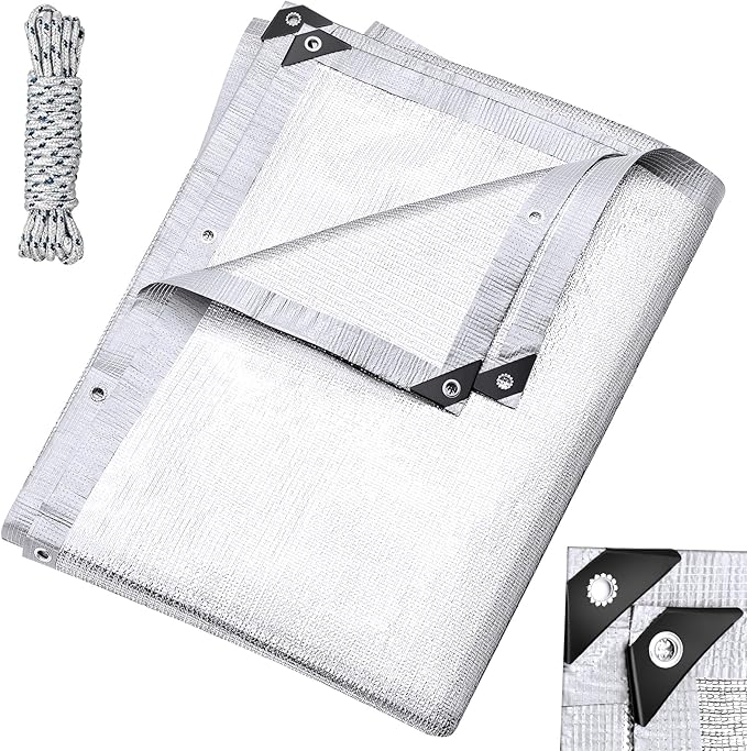Mindsoft 1 Set Aluminum Shade Cloth 10 x 14 ft Reflective 99% Aluminum Cloth Silver Heat Reflective Tarp for Car Garden Outdoor Pergola Lawn Durable Sunblock Neting Shade Cover with Edge and Hole