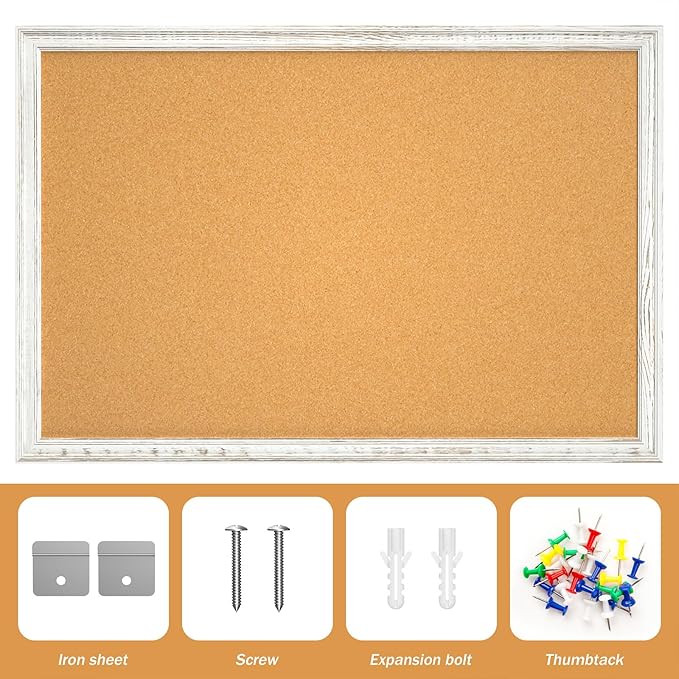 White Cork Board for Wall, 36 x 24 inches Decorative Bulletin Board, Rustic
