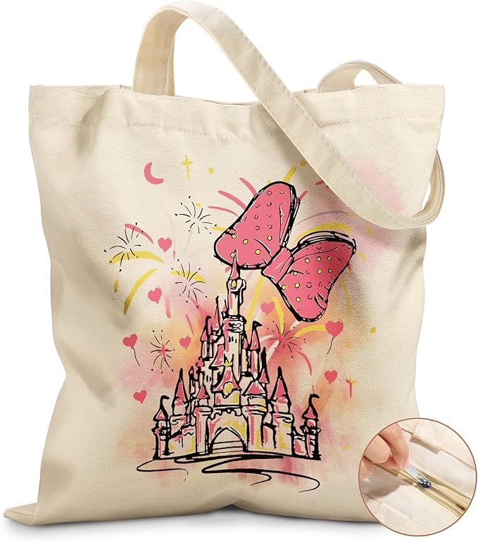 Miss Adola Canvas Tote Bag for Women â Aesthetic Canvas Bag with Zipper Cute Stylish Reusable Shoulder Totes for Shopping Work Daily Vacation, Bow Castle
