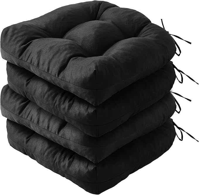 IPYNBAP Outdoor Chair Cushions Set of 4, Patio Chair Cushions with Ties,19x19+5â Tufted Outdoor Seat Cushions, Waterproof Patio Furniture Cushions, Outdoor Dining Chair Pads, Black