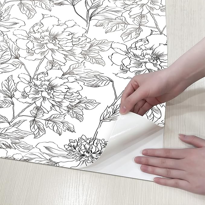 JiffDiff Peel and Stick Wallpaper Black and White Floral Wall Paper 17.3" x