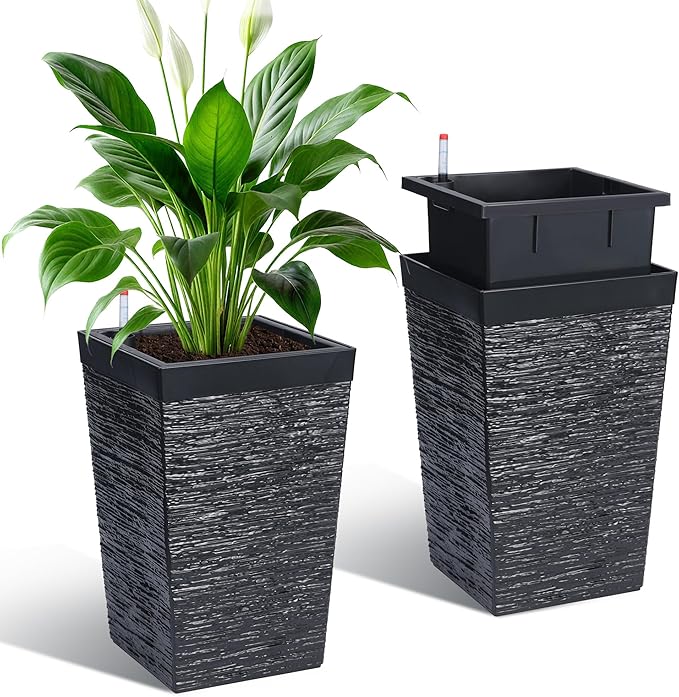 Garvee 16" Tall Planters Set of 2, Self Watering Tall Planters, Outdoorï¼Indoor Planter Pots, High Front Porch Planters Pots with Drainage Holesï¼Water Level Monitor, Black