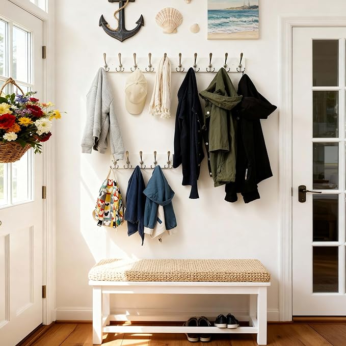 SKOLOO Creations White Solid Wood Wall Mounted Coat Rack, 5 Hooks, 16-7/8" Long