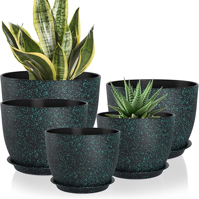Plant Pots 10/9/8/7.5/7 inch Set of 5,Flower Pots with Multi Mesh Drainage Holes, Large Planters for Indoor Outdoor Garden Plants and Flowers. (Green Speckles)