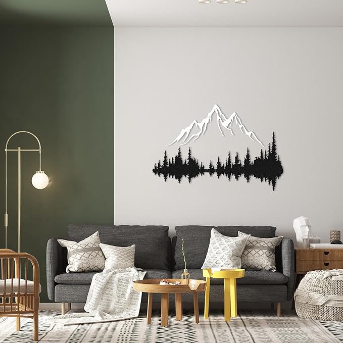 WOCHMANN,Mountain Lake Forest Large Metal Wall Art Black Minimalist Nature Silhouette Wall Decor Outdoor Landscape Wall Sculpture for Living Room, Bedroom, Kitchen or Office (Black & White, 47W'' x 31L'', Unframed)