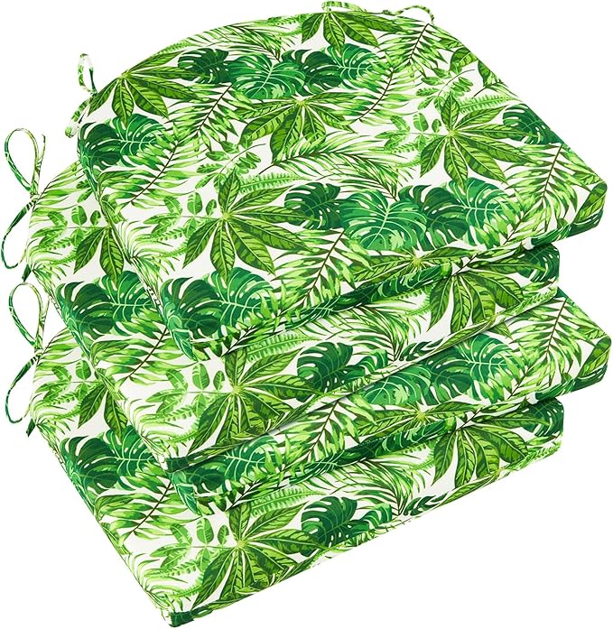 Basic Beyond Outdoor Chair Cushions Set of 4, Outdoor Cushions for Patio Furniture, Water Resistant Patio Chair Cushions with 2 Ties, 17x16x2, Green Leaves
