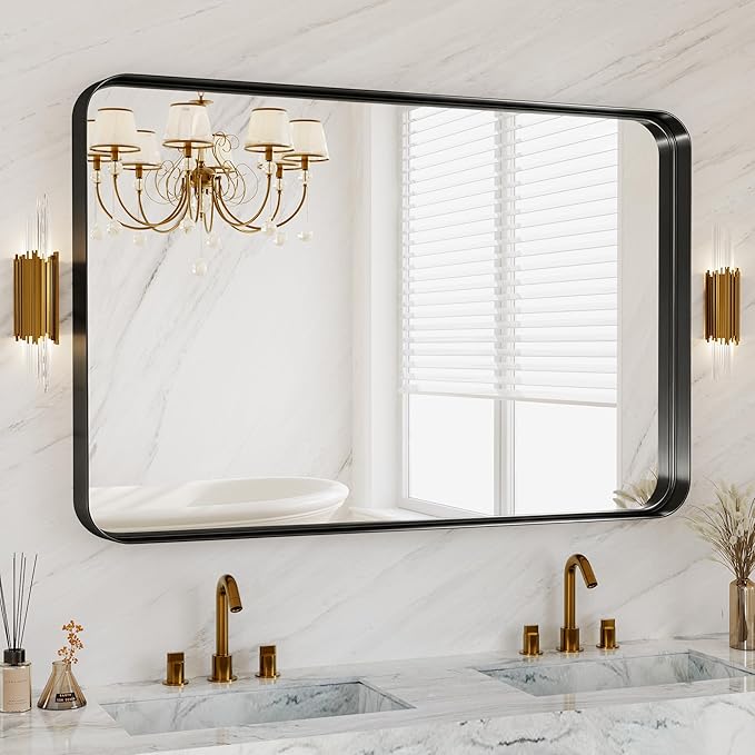 48X30 Inch Black Metal Framed Bathroom Mirror